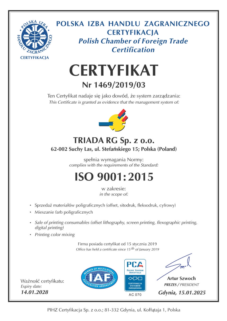 Certyfikat ISO 9001:2015 Triada RG Sp. z o.o.